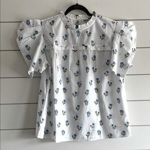 CELINA MOON White and Blue Floral puff Sleeve Blouse